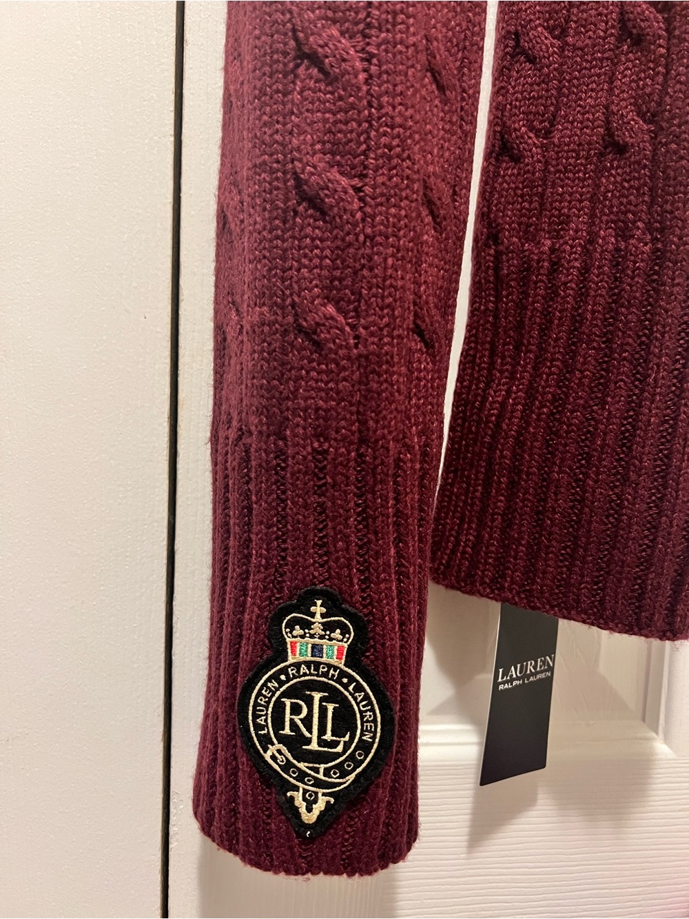 Ralph Lauren Burgundy Cable-Knit Scarf with Crest Emblem